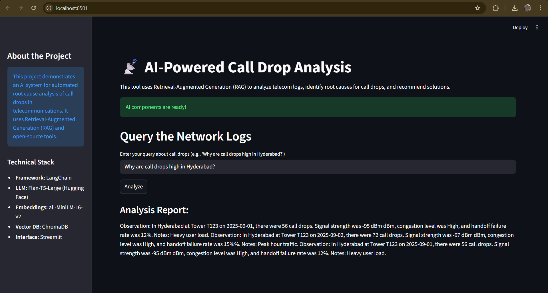 Call Drop Analyzer — AI RAG system for telecom log analysis using Python, Streamlit